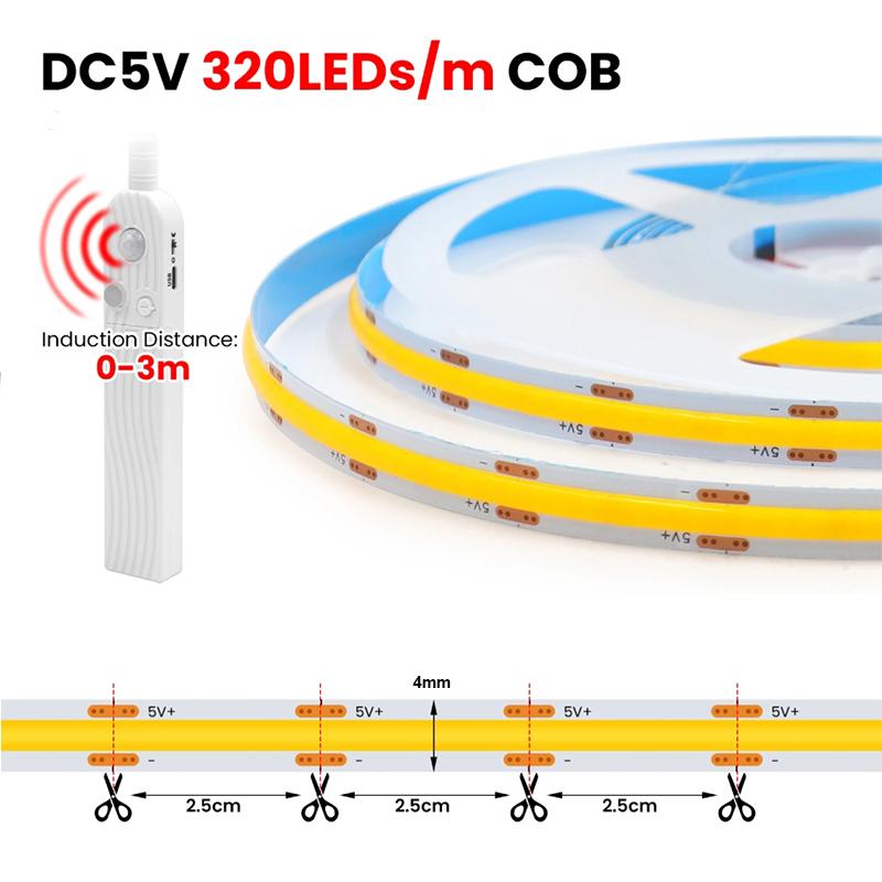 Xiaomi 5V LED COB Light Strip with Motion Sensor Powered by Battery Or USB Cable for Cabinet Wardrobe Liner Lighting