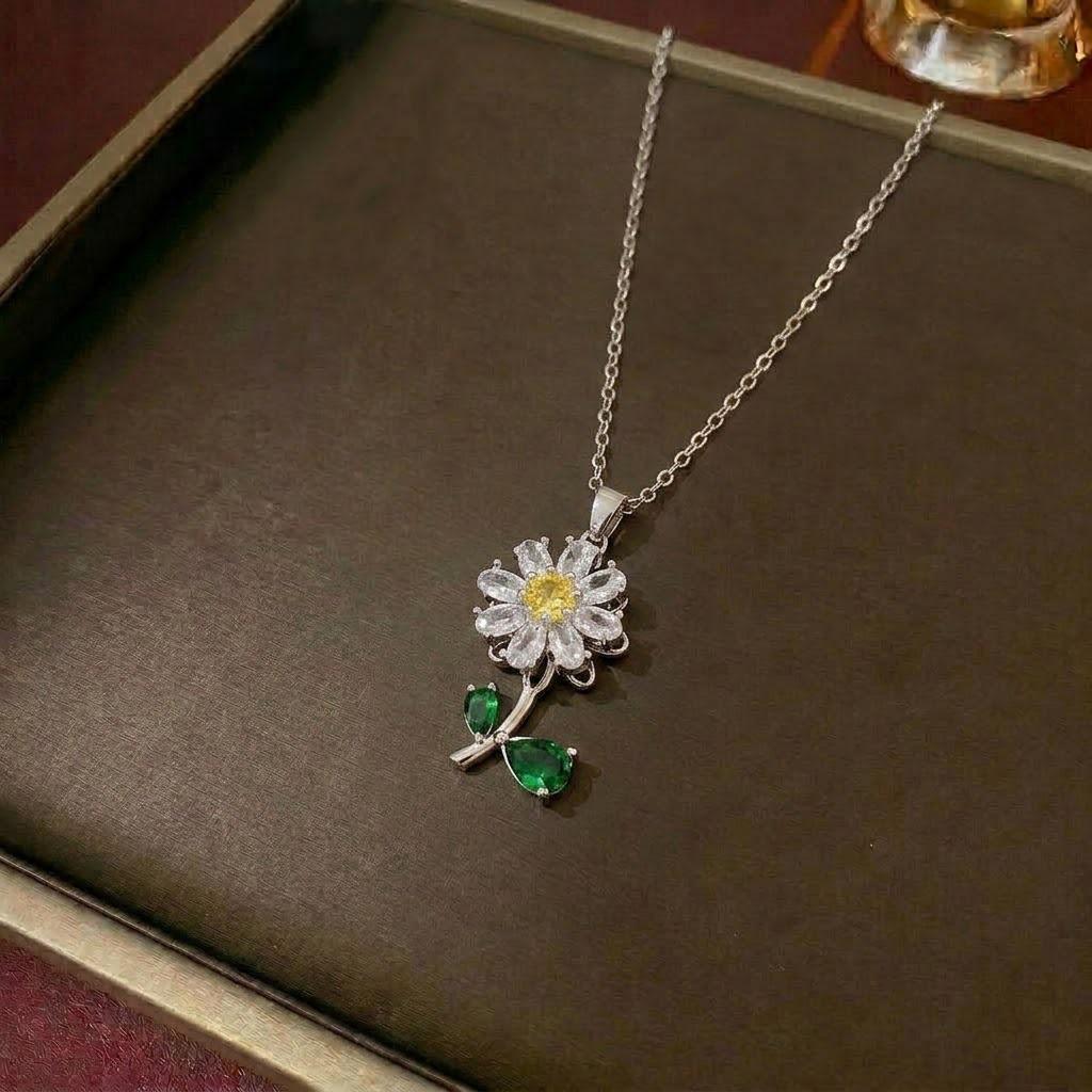 European & American Women's Zircon Flower Necklace & Rotatable Pendant Earrings Set