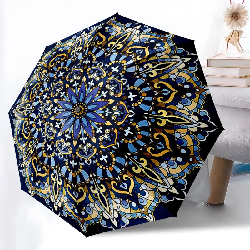 1pc Sturdy 8-Bone Auto Umbrella, Mandala Umbrella, Digital Printed, Foldable Umbrella for On-the-Go Outdoor Use