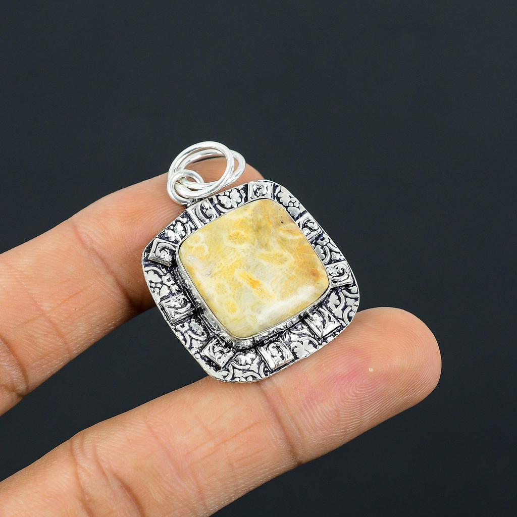 Easter Deal 925 Silver Fossil Coral Gemstone Sister Handcrafted Ethnic Pendant