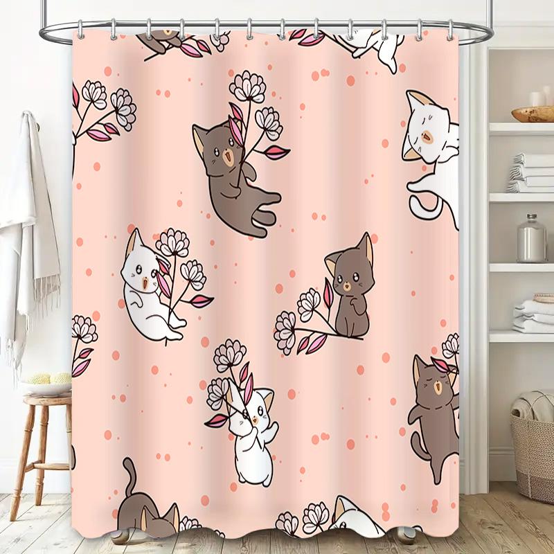 Kawaii Cats Shower Curtain Pink Floral Print Home Decor Waterproof Fabric Bathroom Shower Curtains For Kids Girls Gift