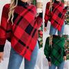 Autumn/Winter Women's Hooded Sweatshirt Casual Colour-Blocked Checked Turtleneck Long-Sleeved Cape Knit Jumper Christmas Ladies' Knitted Top