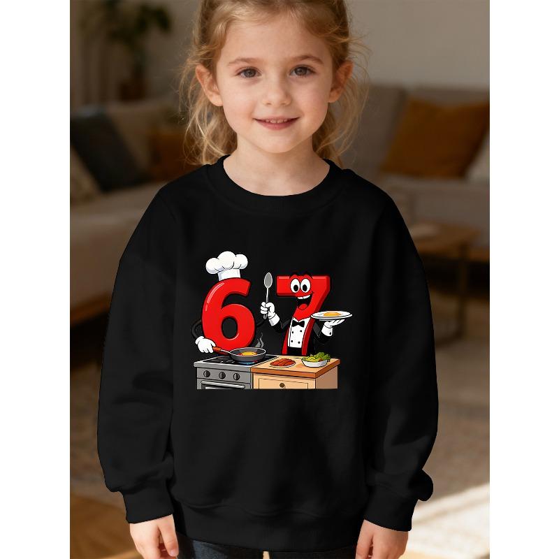 Kids Unisex Crewneck Sweatshirt, Cartoon Chef Number 67 Print Long Sleeve Pullover, Soft Fleece Kids Sweatshirt For Boys Girls Over 4 Years Old