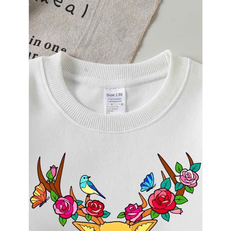 European sizes Girls Soft Crewneck Sweatshirt Deer Head with Roses And Birds Print, Casual for Fall Winter, Ideal Holiday Present.