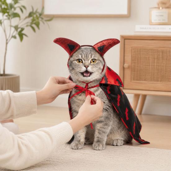 1 Set Gothic Devil Pet Clothes, Adjustable Devil Horn Headband Bat Print Cloak, Halloween Dog Devil Costume Set for Cats Dogs Party Outfit Cosplay