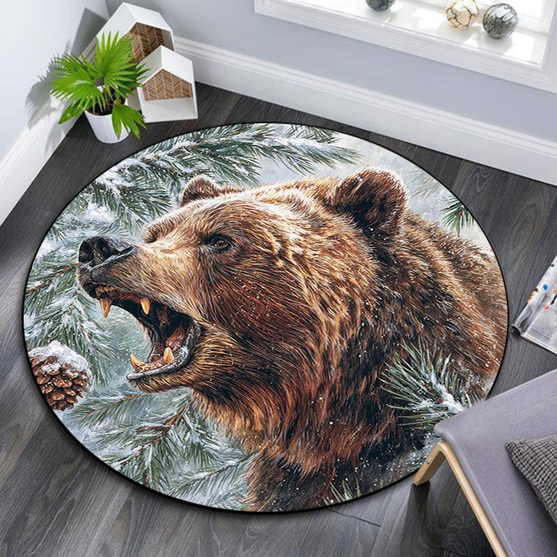 Grizzly Bear Round Area Rug,Carpet Rug for Living Room Bedroom Sofa Playroom Decor,Non-slip Floor Mat
