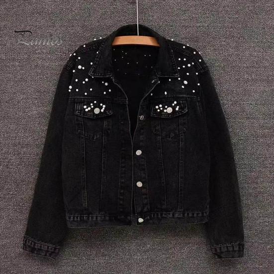 Winter Women Jacket Bead Decor Plus Size Long Sleeves Turn-down Collar Chest Pockets Button Closure Coat Short Type Casual Streetwear Denim Coats
