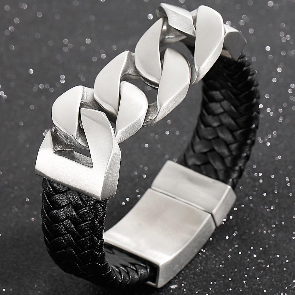 24MM Wide Cuban Chain Bracelet for Men Matte Brushed Stainless Steel With Braided Leather Men's Bracelets Bold Hip Hop Jewelry