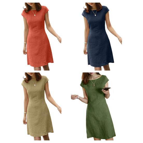 Women Summer Dress Round Neck Short Sleeve Pure Color V-shaped Back Zipper A-line Slim Fit Above Knee Length Daily Commute Mini Dress