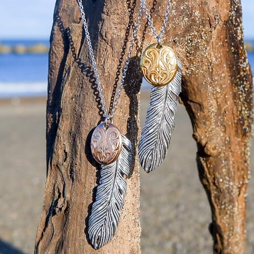 July Hawaiian Jewelry Necklace, Men's and Women's Stainless Steel Necklace with Feather, Scroll, and Wave Design, Hypoallergenic, Surgical Stainless S
