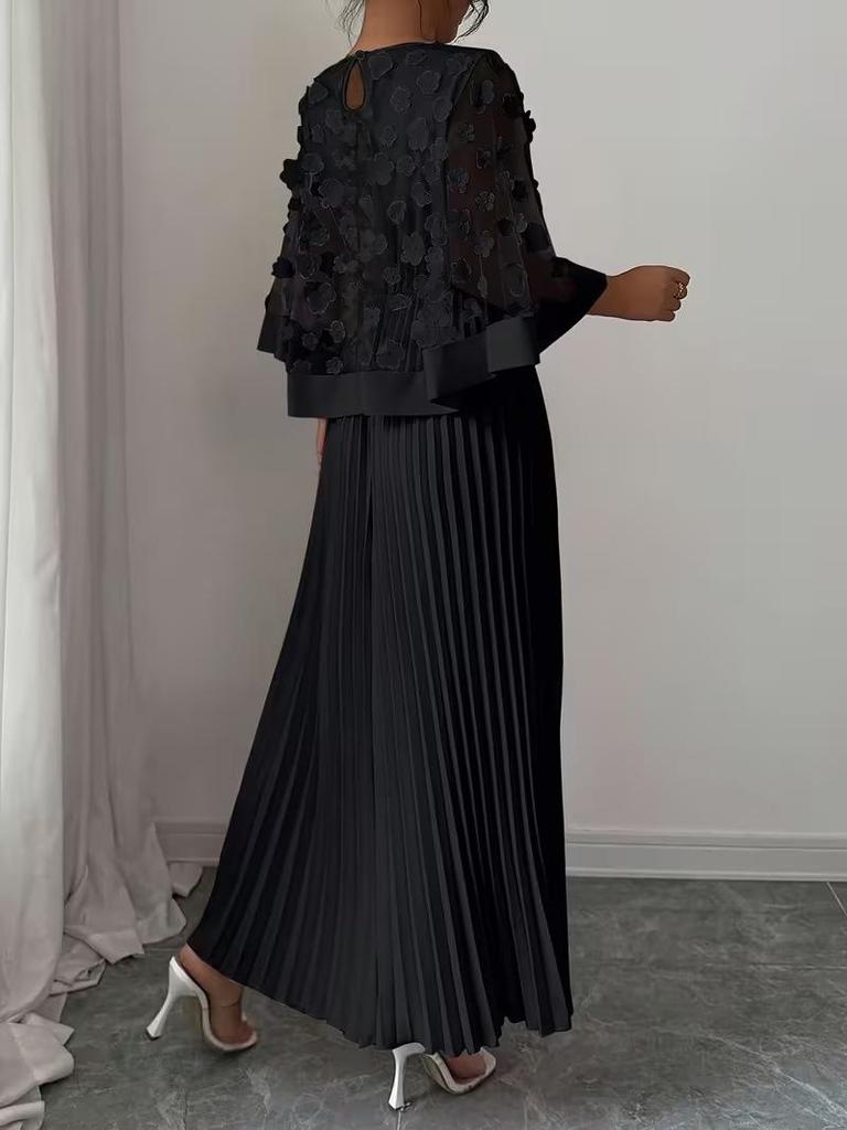 Women's Elegant 3D Floral Mesh Patchwork A-Line Dress with Pleated Skirt