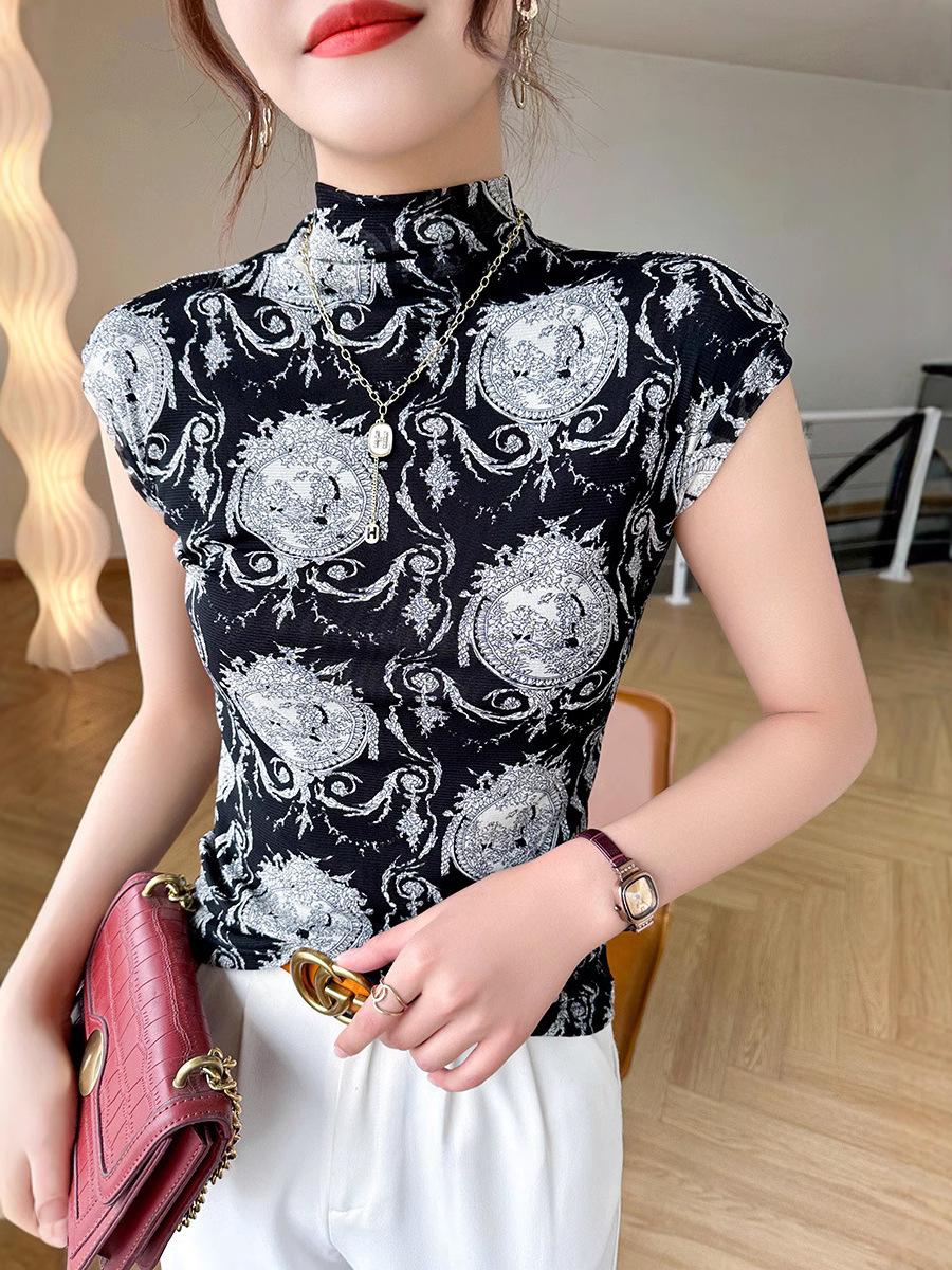 

2025 Women s Slim Fit Semi-High Neck Print Ice Silk T-Shirt XL