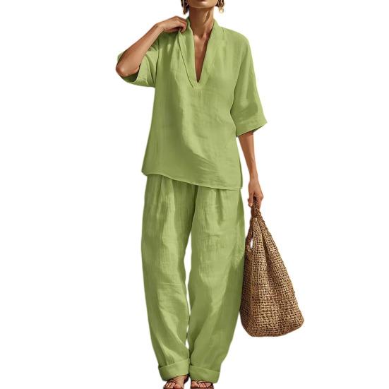 Completi Estivi da Relax a 2 Pezzi per Donna con Scollo a V, Manica Corta e Pantaloni a Gamba Larga, Set Casual per Viaggi e Vacanze