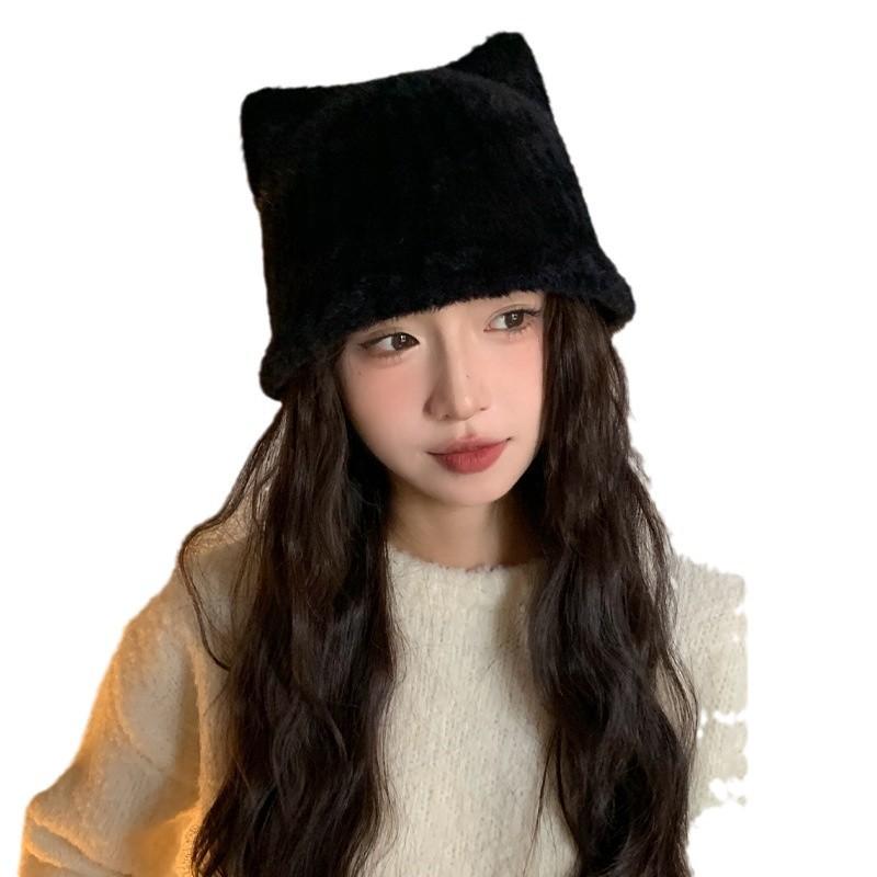 Bear Hat Female Plush Cute Winter Warm Bucket Hat Big Head Circumference Showing Face Small Bucket Hat Tide