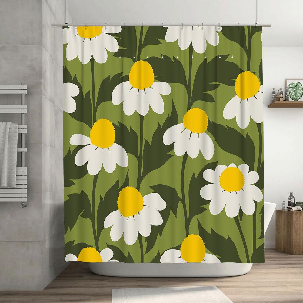 Home Decor Shower Curtain White Daisy Floral Green Bath Mat Waterproof Polyester Bathroom Liner for Kitchen Sink Faucet Cover Se