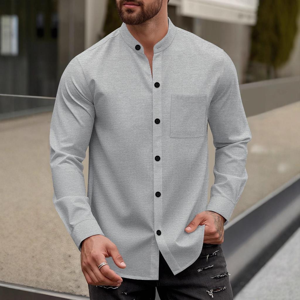 Heren Nieuwe Stijl Effen Wafelpatroon Knopen-Down Opstaande Kraag Lange Mouwen Shirt Casual Top