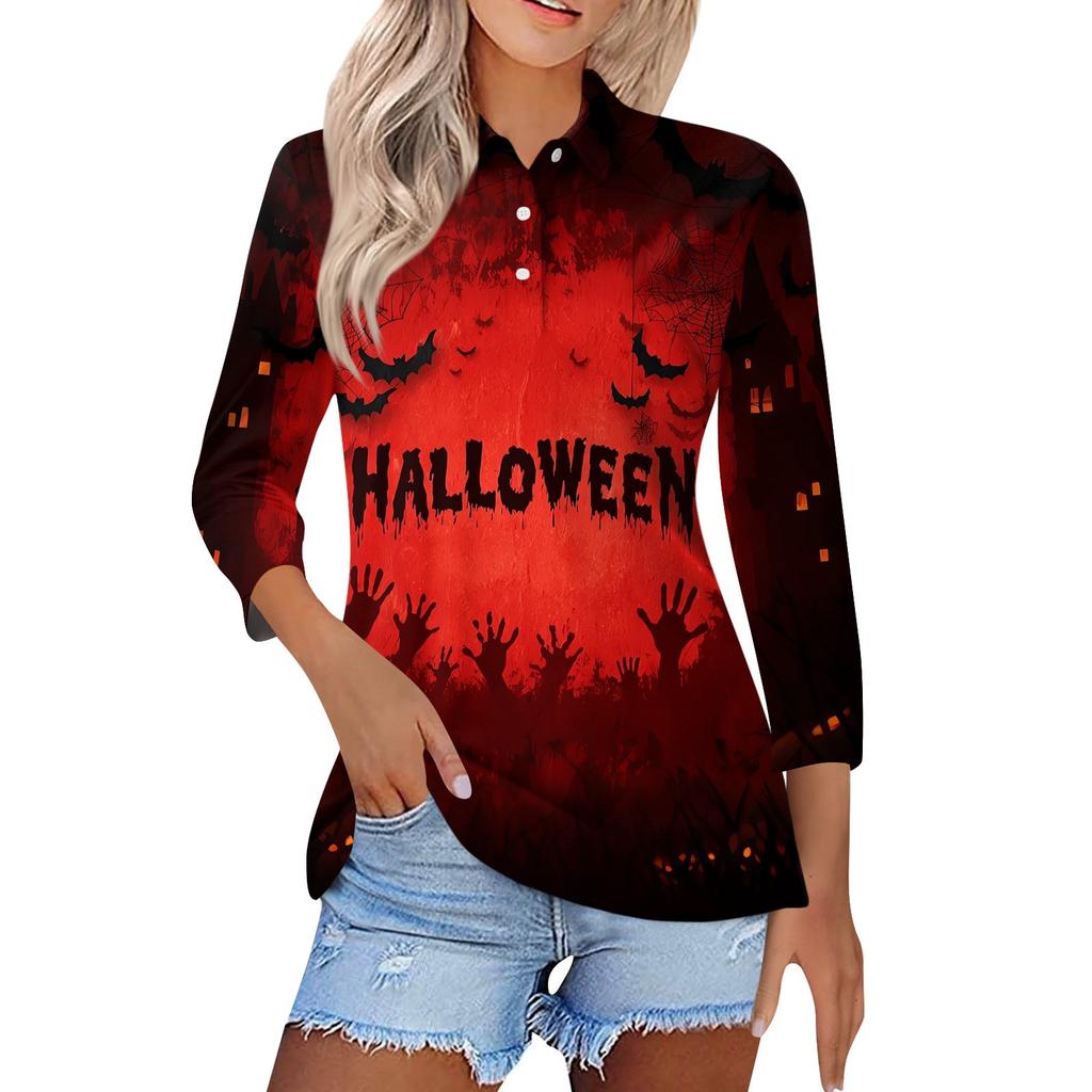 Dammode Casual Revers Kort 3/4 Ärm Halloween Tryck Skjorta Dambutton Up Toppar