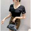 New Summer Streetwear Girl Chic Ruffled Hot Diamonds T-Shirt Fashion V-Neck Short Sleeve Mesh Tops Women's Tees Clothes Blouse