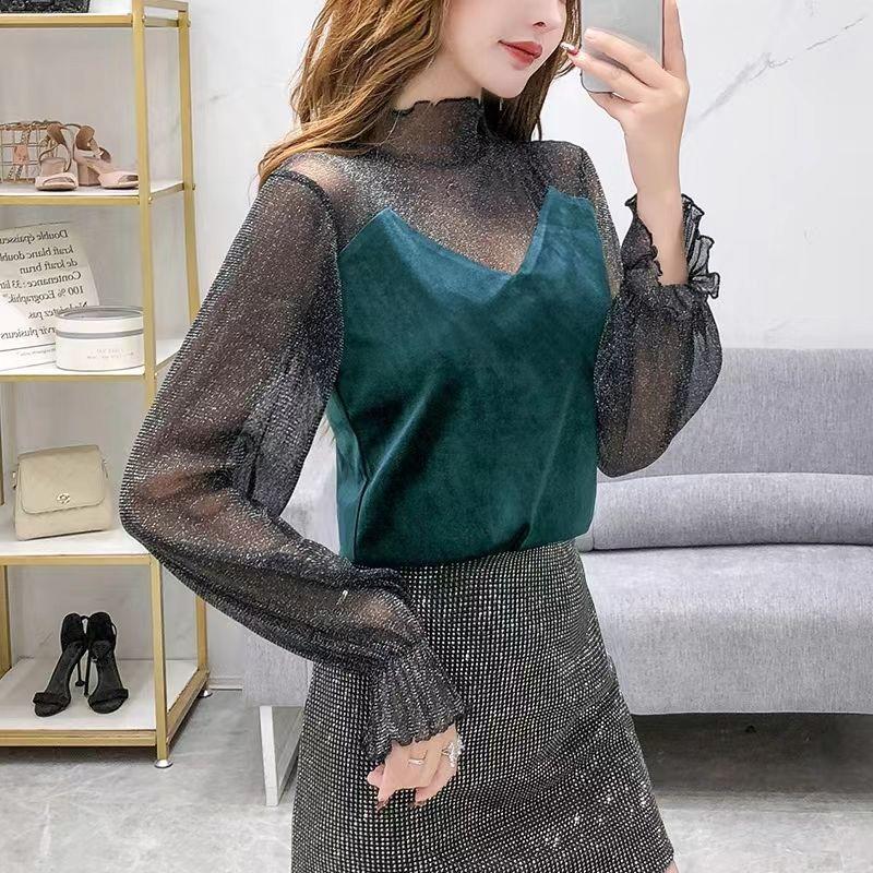 

Осенне-зимняя женская кружевная рубашка большого размера, бархатные топы, яркая нижняя рубашка из шелковой пряжи XXL синий