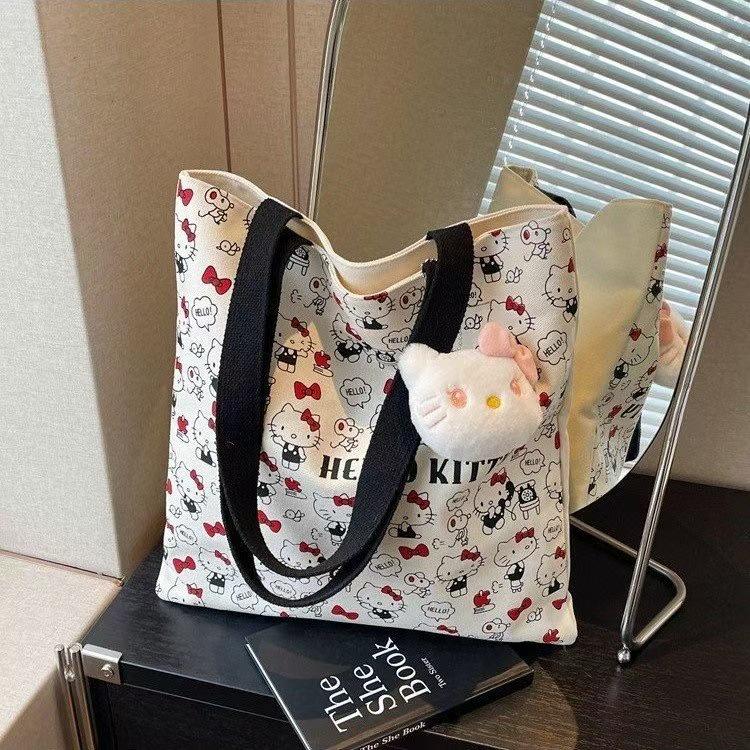Hello Kitty Cartoon Print Canvas Tragetasche - Koreanischer Lässiger Stil Schulter-Handtasche