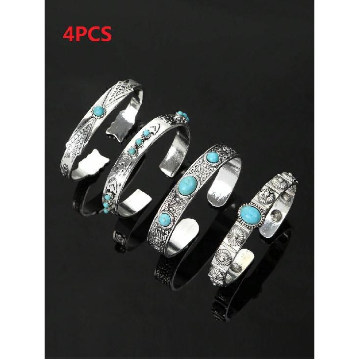 4pcs Fashion Vintage Bohemian Western Style Turquoise Inlaid Bracelets, Women's Fashion Gift Jewelry