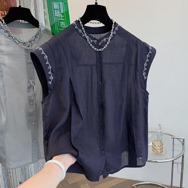 Women Linen Blend Sleeveless Shirt With Embroidery Trim Casual Stand Collar Button Down Blouse M темно-синий