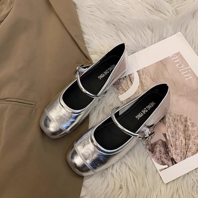 Mary Jane shoes women's shoes new flat beanie shoes with skirt silver small leather shoes low heel light mouth