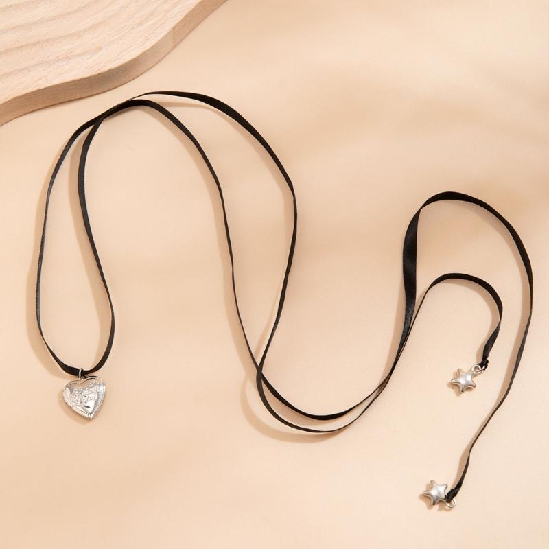 Elegant Ribbon Necklace Unique Heart Star Pendant Necklace Adjustable Bowknot Choker Adornment for Women Wedding Jewelry