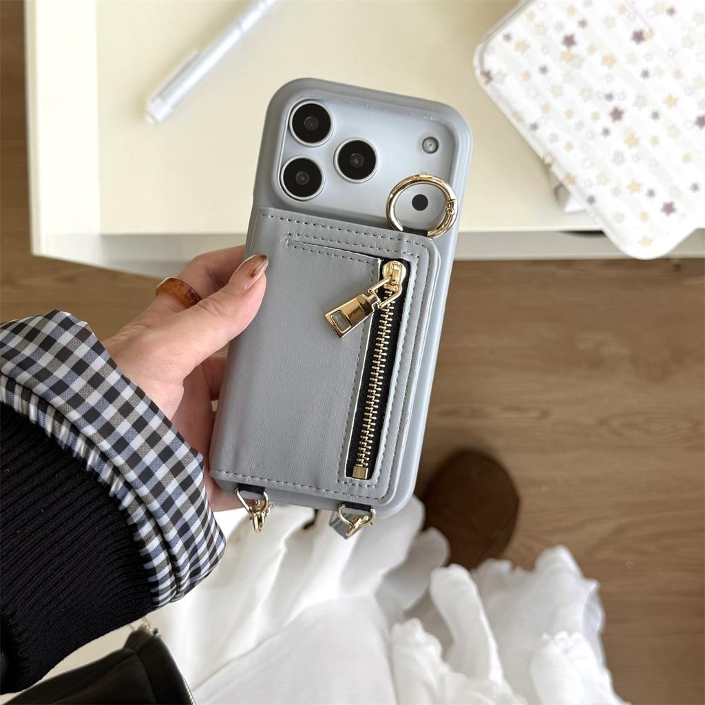 Crossbody Cards Solt Wallet Strap Leather Zipper Phone Case for IPhone Air 17 16 Pro Max 15 Plus 14 13 12 11 Ring Holder Cover