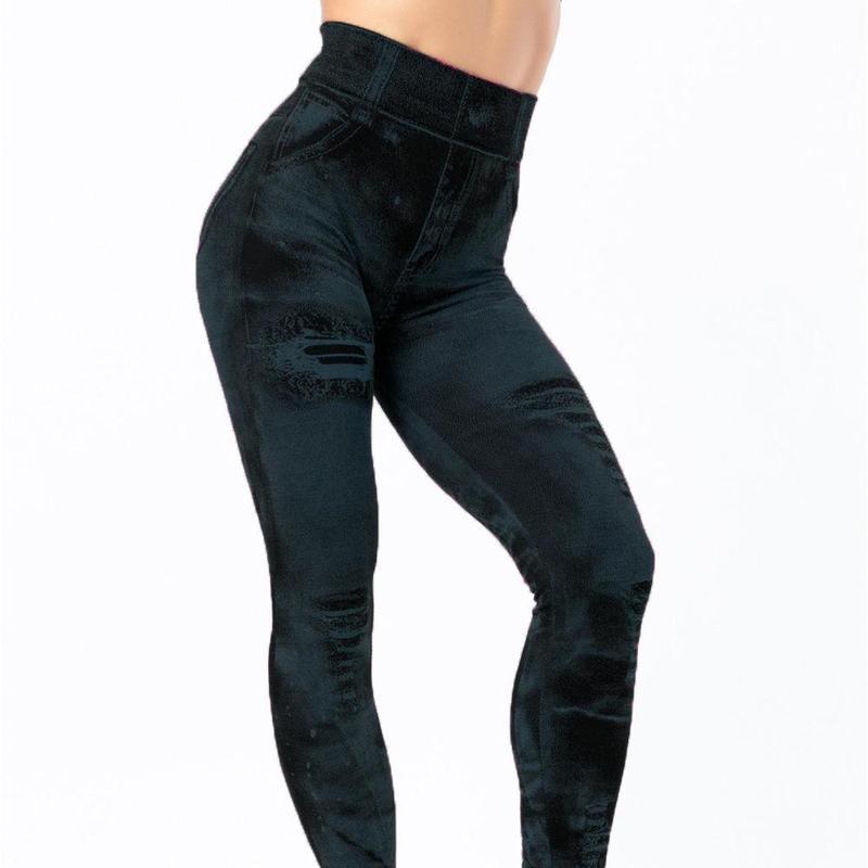 Schlanke Damen-Leggings, Faux-Denim-Jeans, hohe Taille, elastische Hosen, Push-Up-Hose