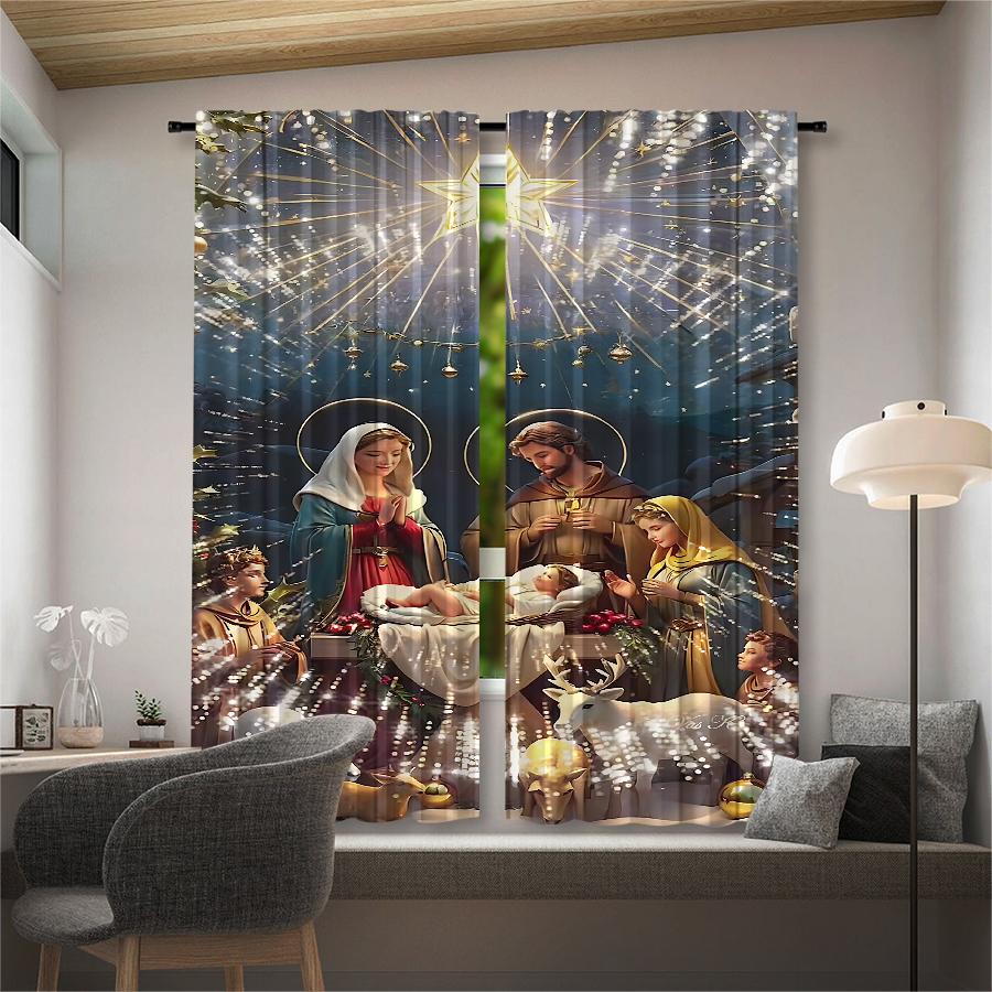 Set Of 2 Christmas Savior Jesus Pattern Printed Curtains Decorations Home Room Curtain Made Polyester