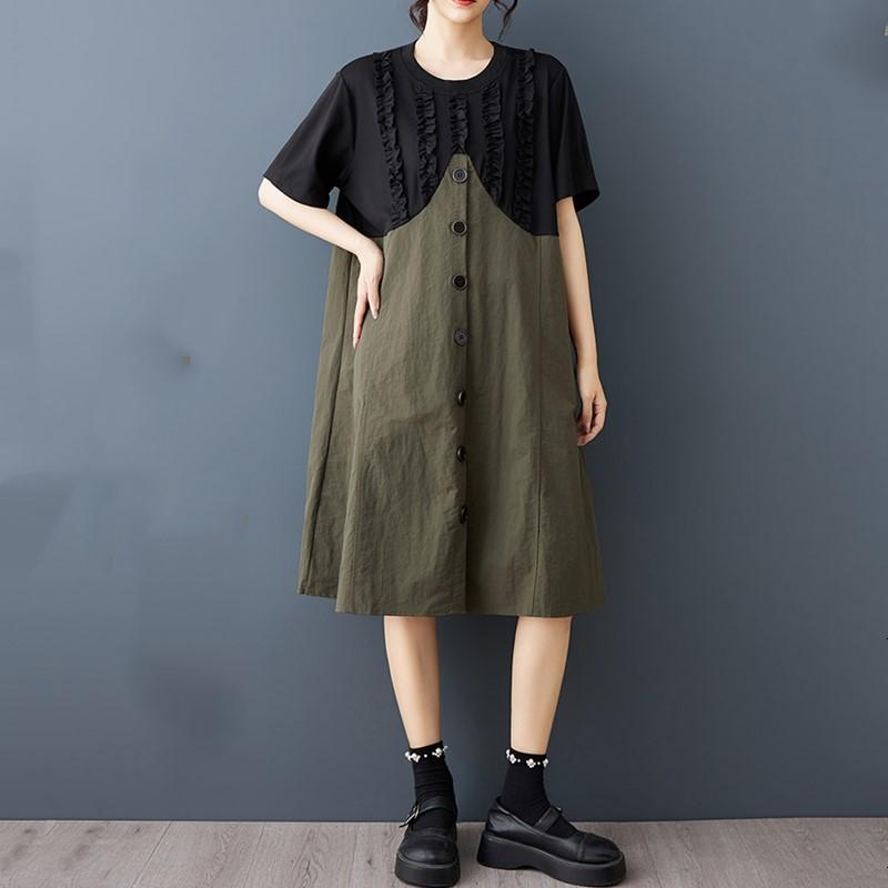 Kurzarm Übergröße Vintage Patchwork neu in Kleider für Damen lässig locker Midi Sommerkleid