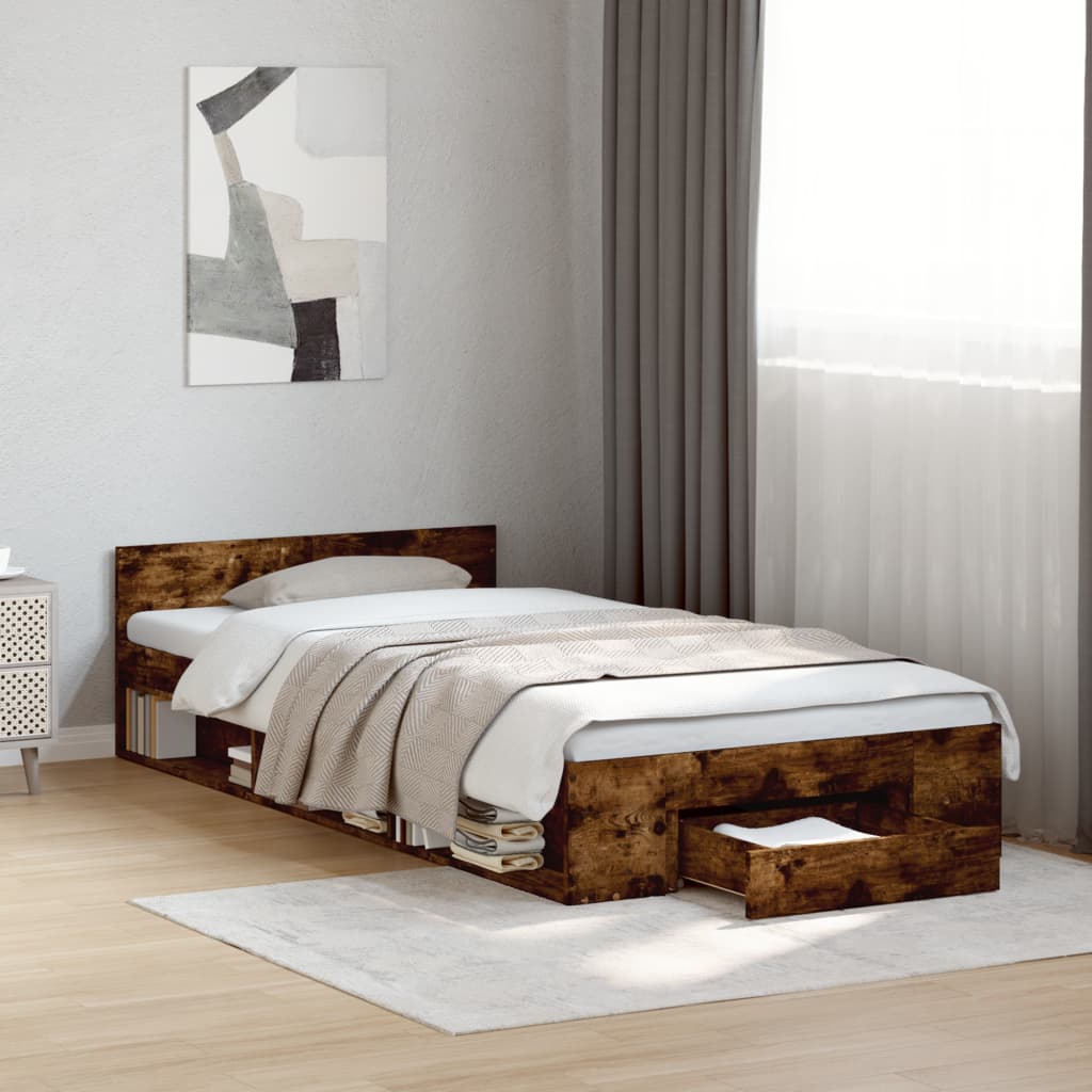 Bed Frame with Drawer Smoked Oak 75 x 190 cm Wood Based Material