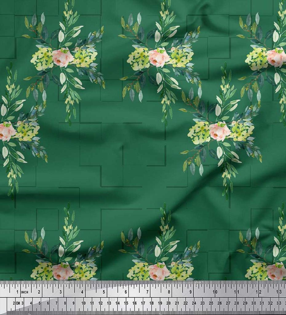 Soimoi Brown Poly Crepe Fabric Square & Leaves Printed Craft Fabric by the Metre 42 Inch