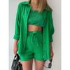 Fashion Spring and Summer New Lapel Single Breasted Champray Long Sleeves Shirt Drawstring Shorts Fashion Casual Two-Piece Suit Women