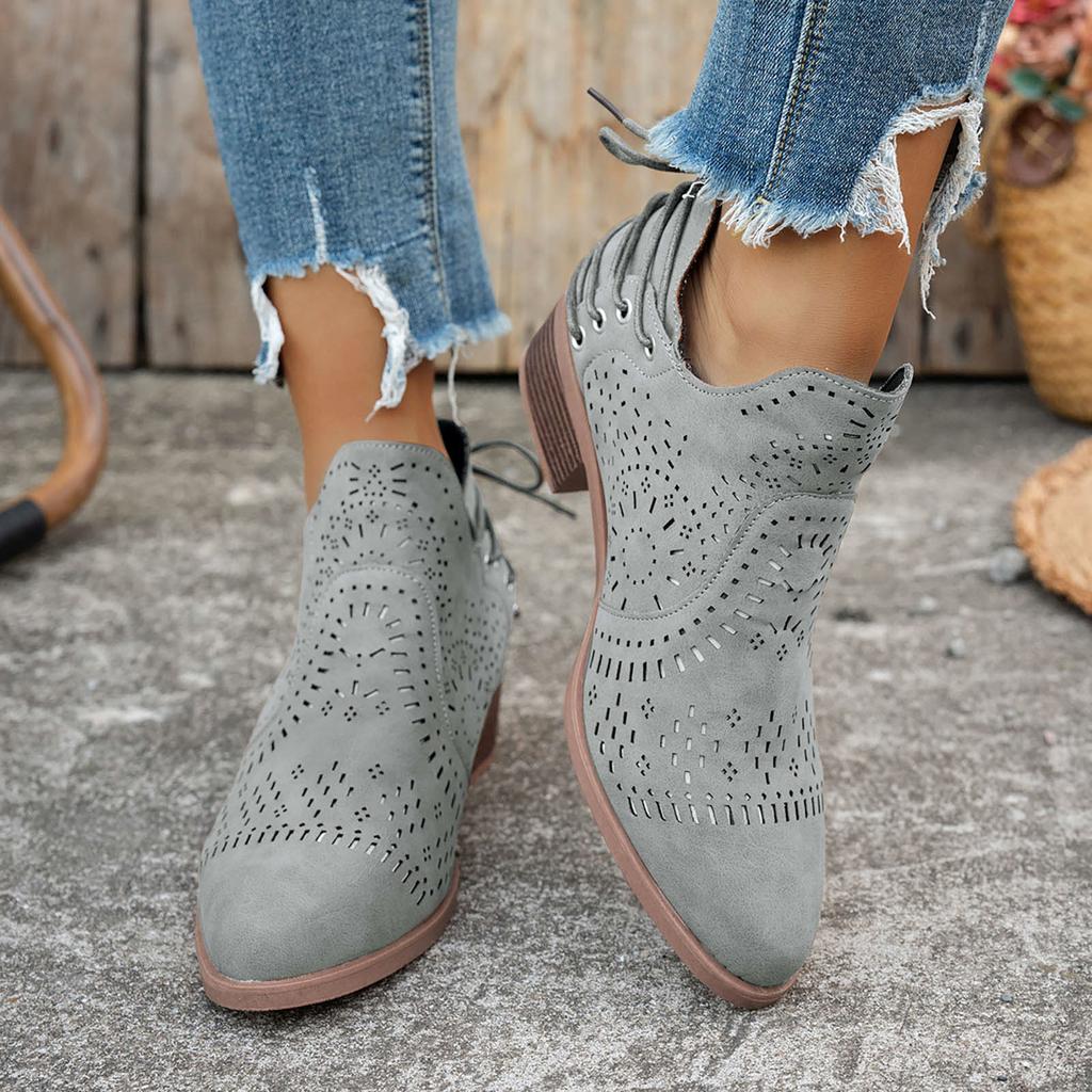Women'S Boots & Booties Wedge Women'S Fashion Hollow Out Single Shoes Western Lace Up Chunky Heel Casual Shoes Botas De Mujer