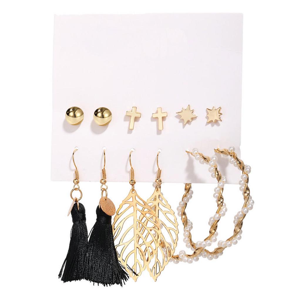 6 Pairs of Women's Earrings Hollow Leaf Faux Pearl Tassel Ear Accessories