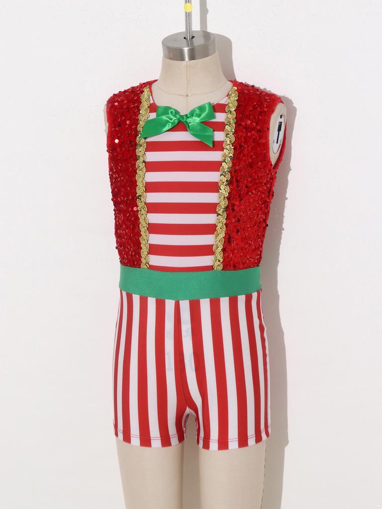 Kids Girls Christmas Party Jumpsuit Velvet Sequin Candy Cane Striped Color-block Sleeveless Back Zipper for Holiday Dress Up