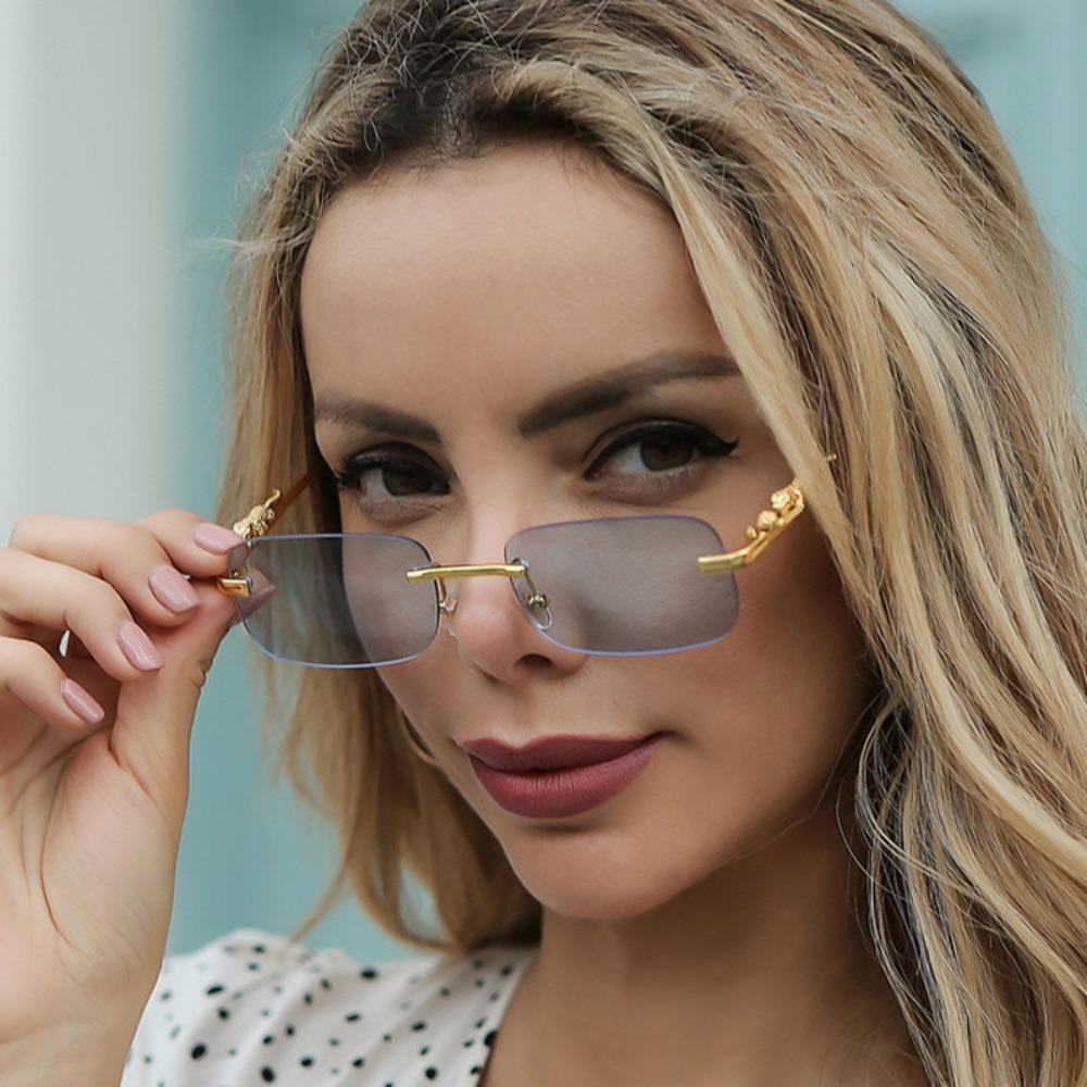 Square Frame Sun Protection UV Sunglasses Female Korean Version Rimless Fashion Cheetah Decoration Sunglasses