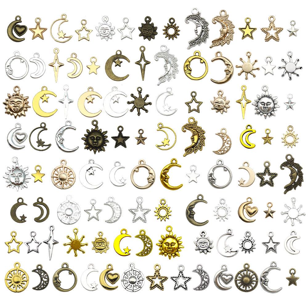 100-Piece Five-Color Alloy Sun, Moon, and Star Pendant Charms for DIY Jewelry