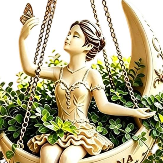 Artistic Floral Container Ballet Dancer Hanging Planter, Ballerina Sitting on Crescent Plant Pot, Decorative Cute Garden Ornament Resin Flower Pot for