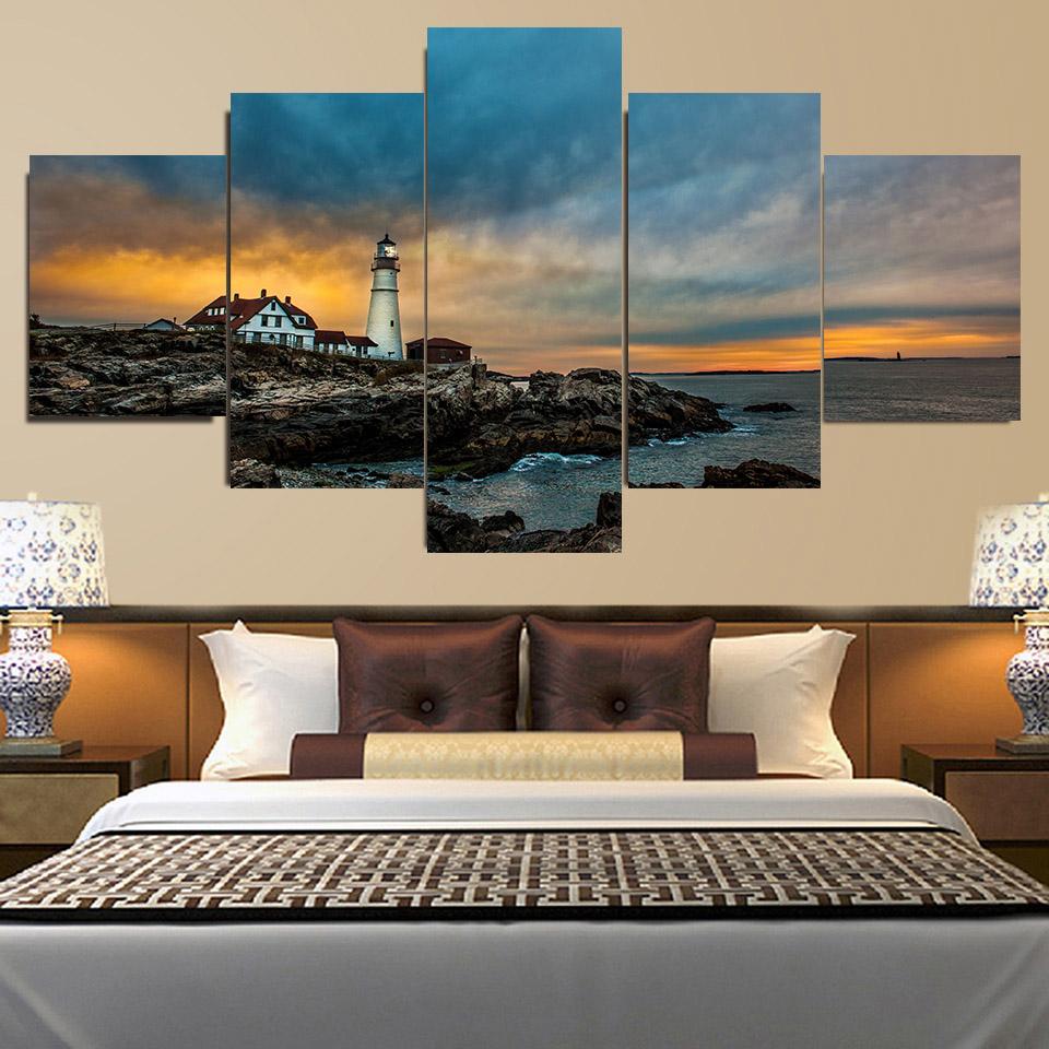 5 Piezas Paisaje Faro Roca Atardecer Vista del Mar Lienzo Pintura Pósteres e Impresiones Arte de Pared Imágenes Decoración del Hogar Sin Marco