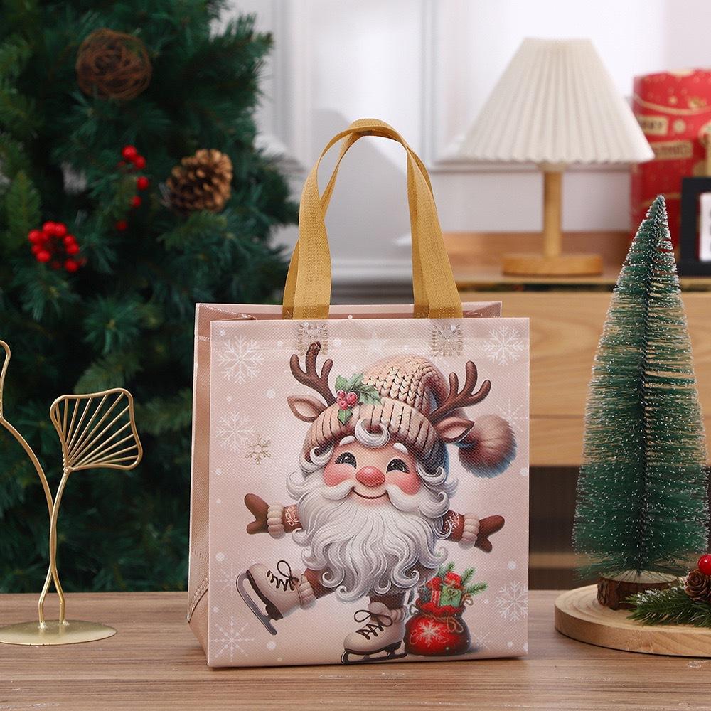 

StoBag Christmas Beige Santa Gift Bags Non-Woven Holiday Tote Bags with Cute Reindeer Winter Scenes for Party Favors and Treat 30pcs&22x11x23cm
