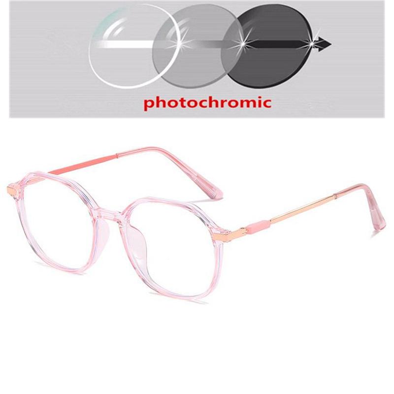 Transparent Pink Frame Polygon Anti Blue Light Myopia Glasses Finished Women Stundent Prescription Spectacles 0 -0.5 -1.0 To -6