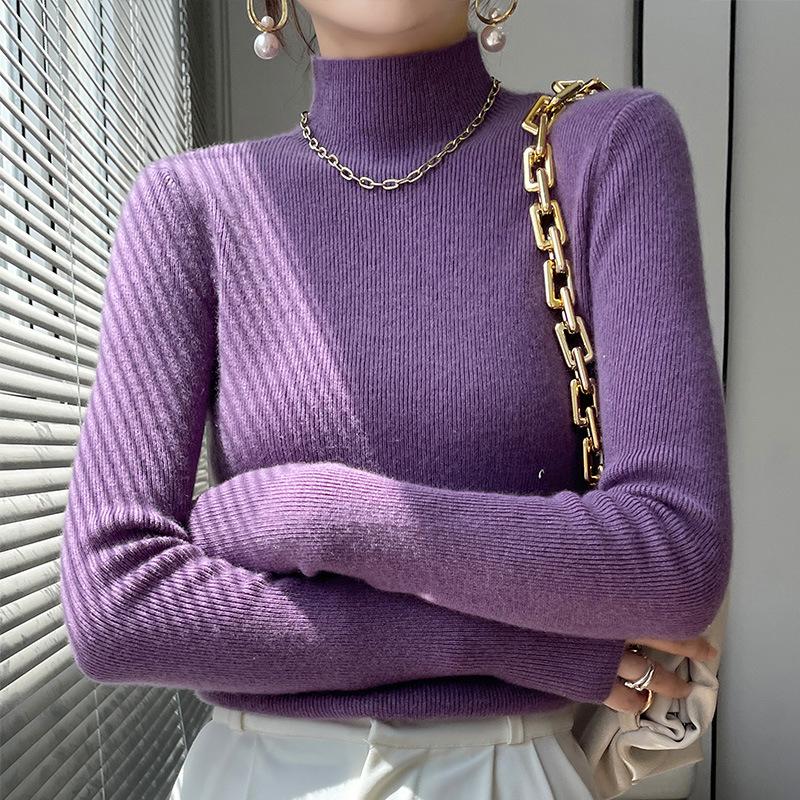 Korean Style Slim Fit Ribbed Knit Sweater - Women's Long Sleeve Half High Collar