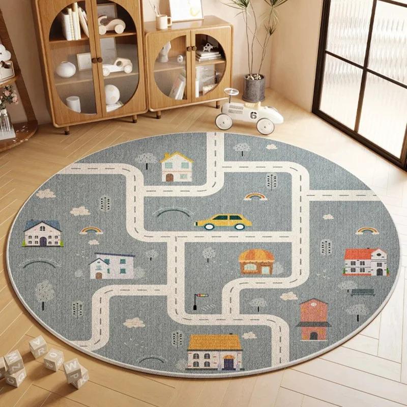 Children's Room Round Carpet World Map Cartoon Animal Pattern Educational Non-Slip Mat Play Area Bedroom Decoration