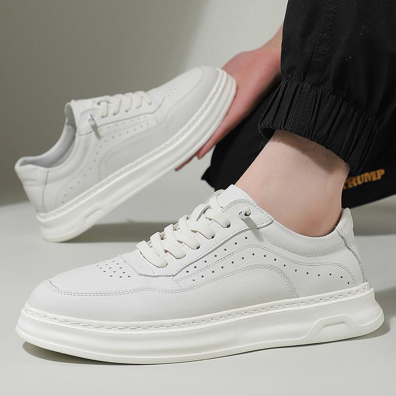 New Shoes for Men Genuine Leather Casual Shoes Thick-soled White Flat Skateboard Shoes Youth Lace-up Sneaker