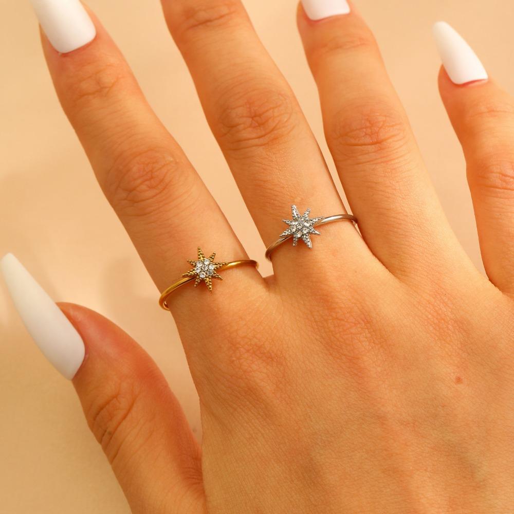 Retro Charm Sparkling Full Zircon Sun Flower Start Adjustable Opening Ring for Women Stainless Steel Finger Jewelry Accessories