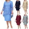 Waist Tight Soft Texture Attractive Slim Embroidery Lace 3/4 Sleeve Lady Evening Dress Midi