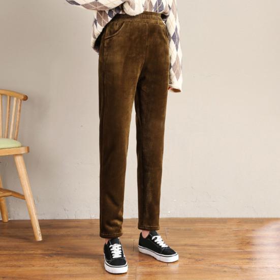 Women Autumn Winter Corduroy Harem Pants Elastic Waist Pockets Solid Color Long Trousers Thickened Fleece Lining Casual Pants